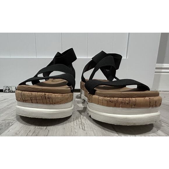Skechers Luxe Foam Sandals Size 8 Boho Cork Wedge Heel Black Stretchy Straps - Picture 8 of 9